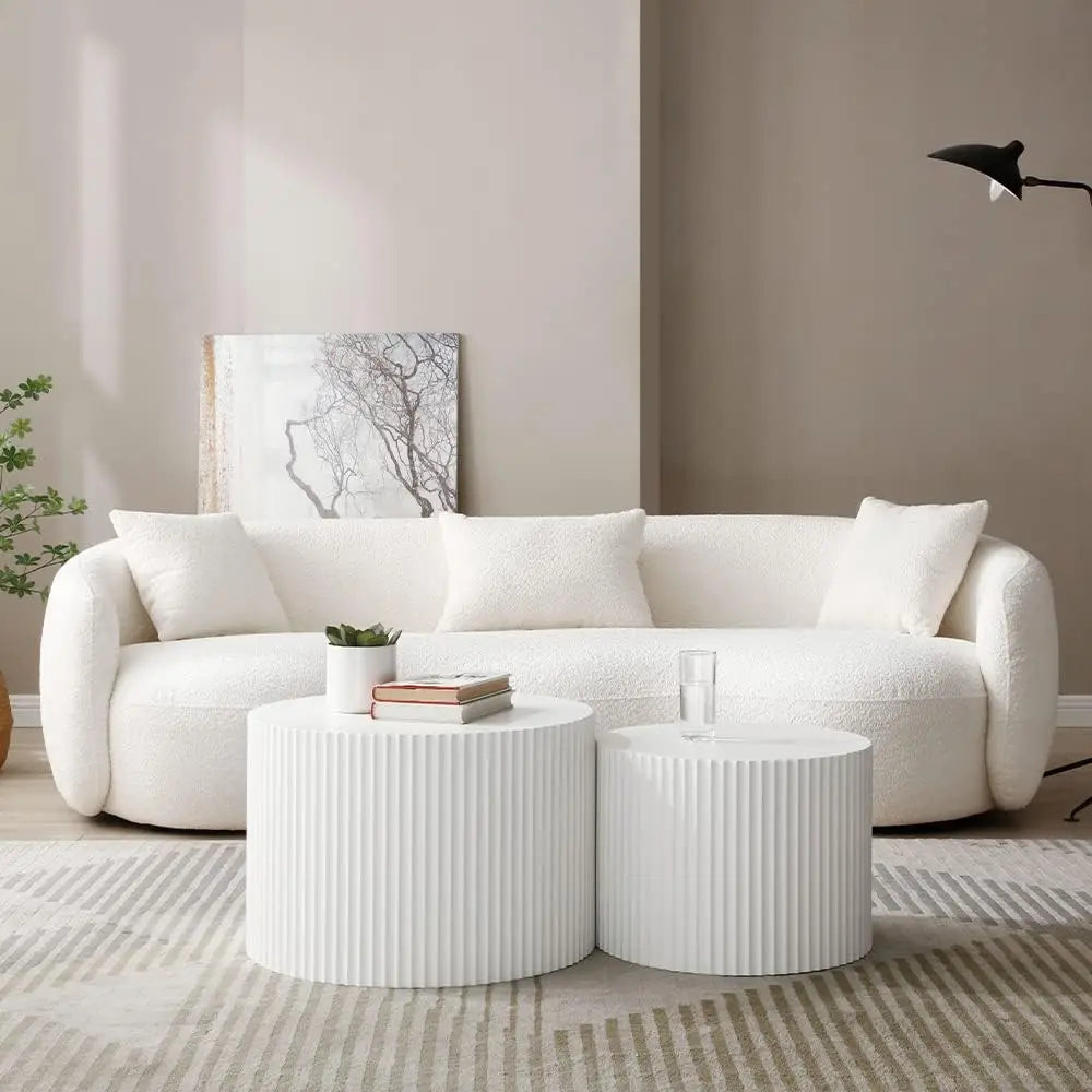 White Round Coffee Table Set of 2, Nesting Coffee Tables for Living Room, Modern Wooden Cloud Side Tables Accent  End Table