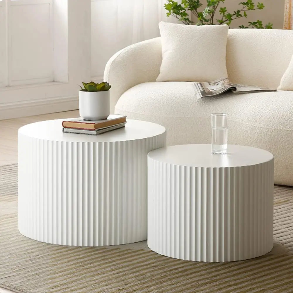 White Round Coffee Table Set of 2, Nesting Coffee Tables for Living Room, Modern Wooden Cloud Side Tables Accent  End Table