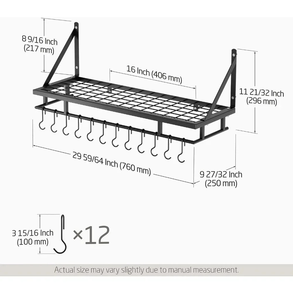 30-Inch Kitchen Pan Pot Rack Wall Mounted Hanging Storage Organizer Wall Shelf with Hooks Matte Black