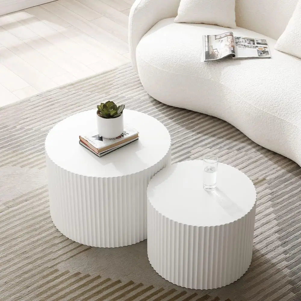 White Round Coffee Table Set of 2, Nesting Coffee Tables for Living Room, Modern Wooden Cloud Side Tables Accent  End Table